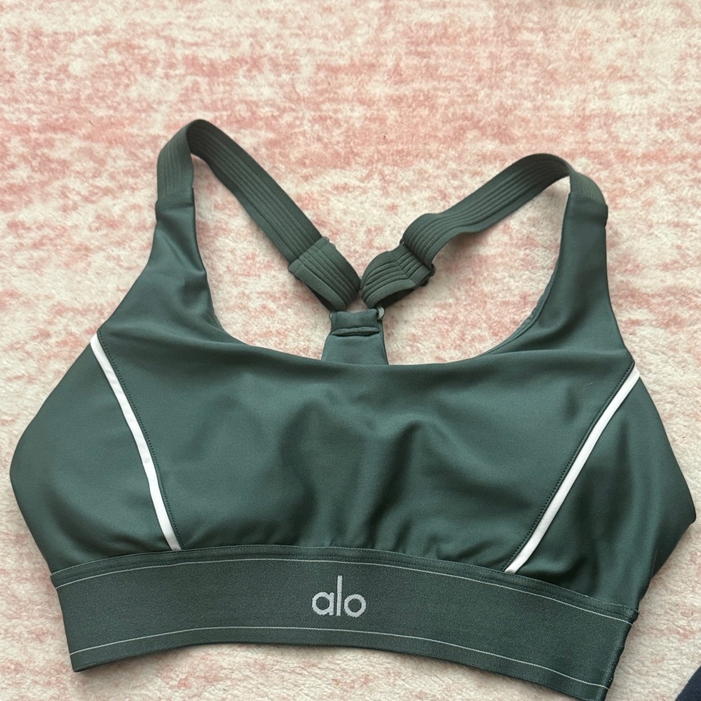 ALO Yoga Dark Green Sports Bra with Knotted Back and White Piping